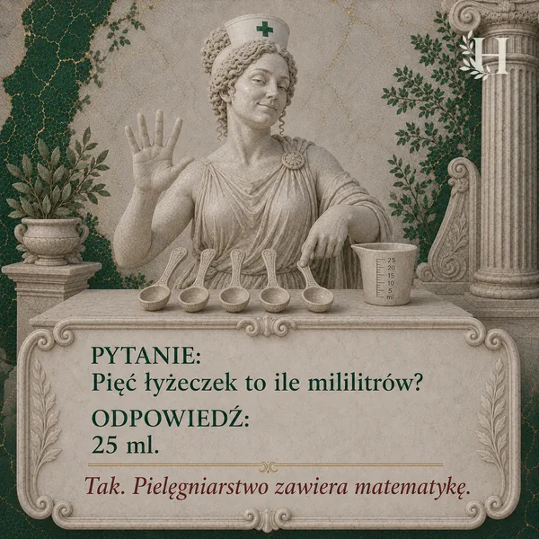 Higieja pokazuje otwartą dłoń z pięcioma palcami nad pięcioma łyżeczkami i miarką z podziałką.