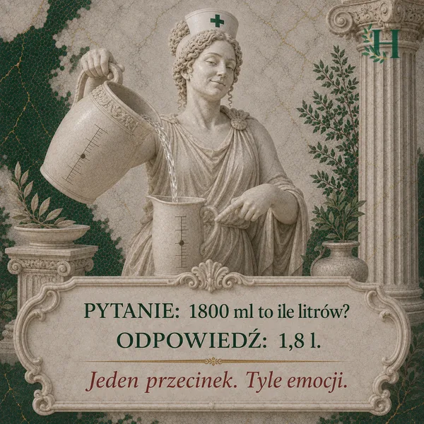 Higieja przelewa wodę z dużego dzbana z podziałką do menzurki.