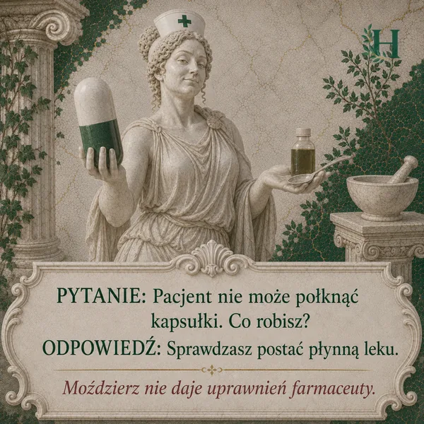 Higieja trzyma ogromną kapsułkę i łyżkę z butelką płynnego leku, obok stoi moździerz.