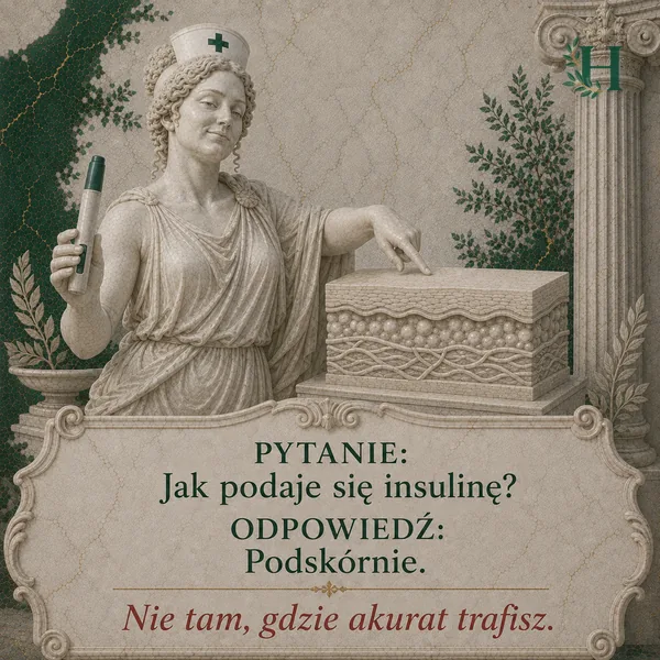 Higieja trzyma wstrzykiwacz insuliny i wskazuje model przekroju skóry z tkanką podskórną.