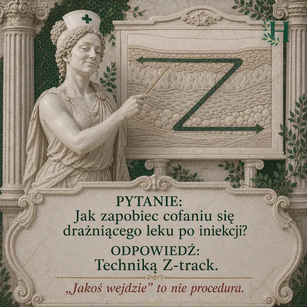 Higieja wskazuje tablicę z przekrojem tkanek i wielką literą Z ze strzałkami techniki Z-track.