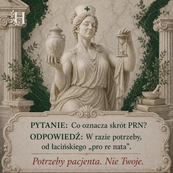 Higieja trzyma zdobioną amforę i klepsydrę z przewieszoną tkaniną, ilustrując podawanie leku w razie potrzeby.