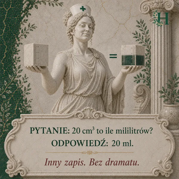 Higieja trzyma dwa sześcienne pojemniki z podziałką połączone znakiem równości.