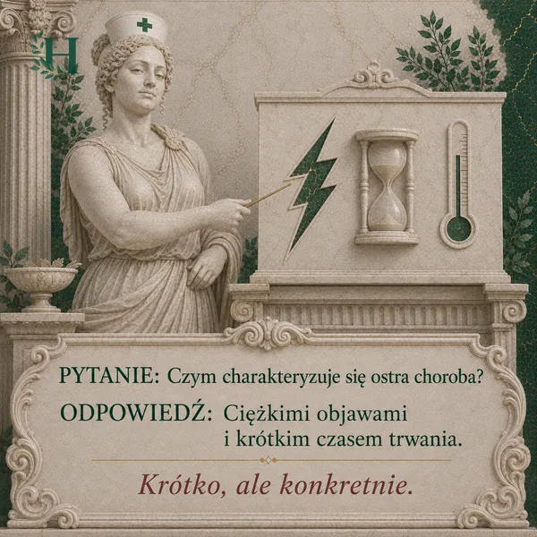 Higieja wskazuje tablicę z symbolami błyskawicy, klepsydry i termometru opisującymi ostrą chorobę.