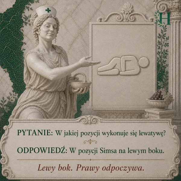 Higieja z naczyniem w dłoni prezentuje płaskorzeźbę pacjenta leżącego w pozycji Simsa.