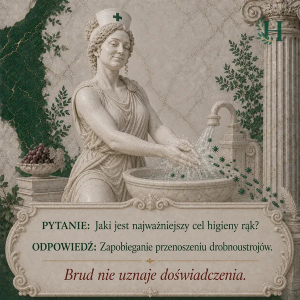 Higieja myje dłonie w misie pod kranem, a strumień wody spłukuje uciekające drobnoustroje.