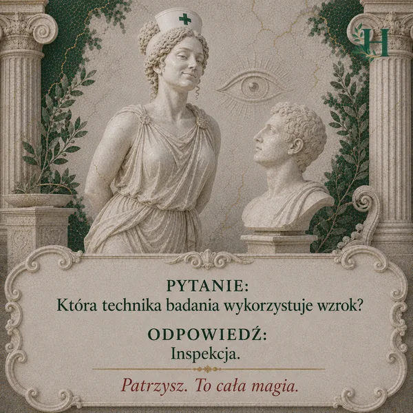 Higieja przygląda się popiersiu pacjenta, a nad nimi unosi się symbol oka.