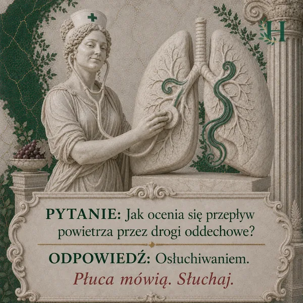 Higieja osłuchuje stetoskopem duży model płuc z drzewem oskrzelowym.