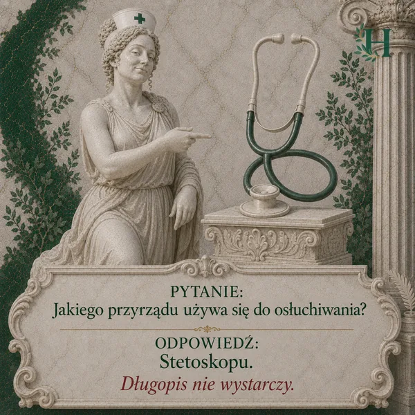 Higieja wskazuje palcem stetoskop ułożony na marmurowym postumencie.