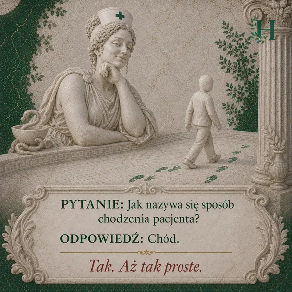 Higieja z brodą opartą na dłoni obserwuje idącego pacjenta zostawiającego zielone ślady stóp.